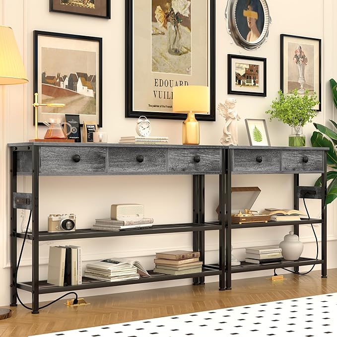 GRLEAF 47" Console Table with Outlets & USB Ports – Narrow Entryway Table with 3 Drawers and Storage Shelves, Power Strip Sofa Table for Living Room, Hallway, Kitchen, Foyer – Grey Wood Finish