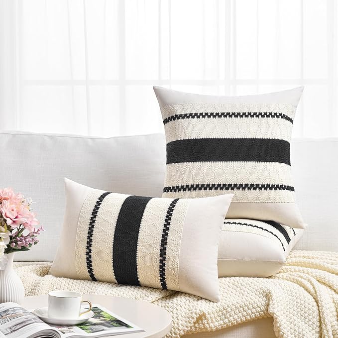 Fancy Homi Set of 2 Boho Black Decorative Throw Pillow Cover 16x16 Inch for Couch Bed Sofa, Aesthetic Modern Organic Farmhouse Home Decor, Soft Cotton Cute Accent Macrame Woven Cushion Case