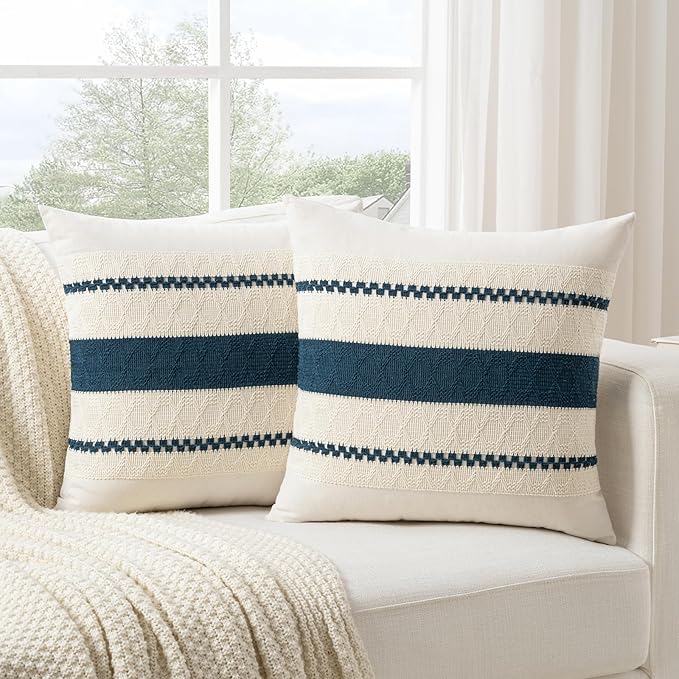 Fancy Homi Set of 2 Boho Teal Decorative Throw Pillow Cover 20x20 Inch for Couch Bed Sofa, Aesthetic Modern Organic Farmhouse Home Decor, Soft Cotton Cute Accent Macrame Woven Cushion Case