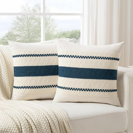 Fancy Homi Set of 2 Boho Teal Decorative Throw Pillow Cover 18x18 Inch for Couch Bed Sofa, Aesthetic Modern Organic Farmhouse Home Decor, Soft Cotton Cute Accent Macrame Woven Cushion Case