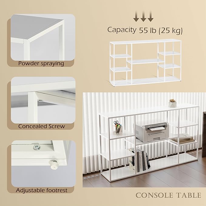 55 Inch Metal Console Table with 8 Storage Shelves,Extra Long Entryway Table,Narrow Sofa Table,Hallway Table for Entrances to Corridor, Foyer,Living Room (White, 55.12×11.81×31.5in)