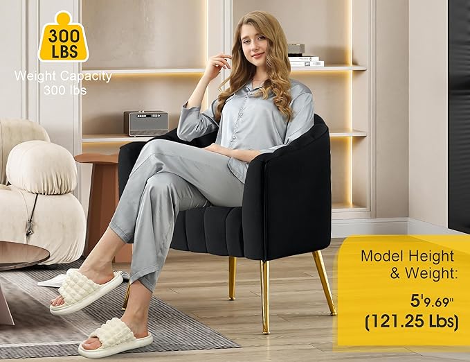 Oversized Pumpkin Couch Accent Chair, Modern Comfy Velvet Upholstered Barrel Chairs, Luxury Single Sofa Armchair for Living Room, Waiting Room, Office and Vanity, (Black)