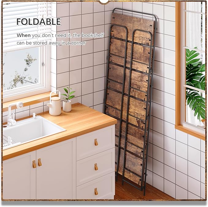 4NM No Assembly Folding Bookshelf, 6 Tiers Collapsible Book Shelves Open Industrial Foldable Storage Bookcase Shelf for Bedroom, Living Room, Home Office - Rustic Brown and Black