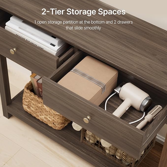 Gizoon Console Table with 2 Drawers, 2-Tier Wood Entryway Table with Storage Shelves, 39" W Wood Accent Sofa Table for Front Hall, Hallway, Living Room, Dark Brown