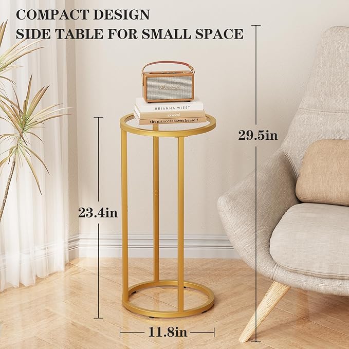Easy Paws C Table Side End Table, Small Round Couch Sofa Tray Snack Table for Living Room, Bedroom,Accent Coffee Table,TV Tray Table for Small Space, Nightstand with Metal Frame(Gold)