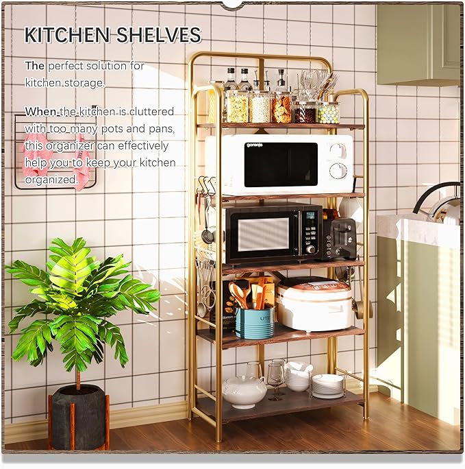 4NM No Assembly Folding Bookshelf, 5 Tiers Collapsible Book Shelves Open Industrial Foldable Storage Bookcase Shelf for Bedroom, Living Room, Home Office - Brown and Gold