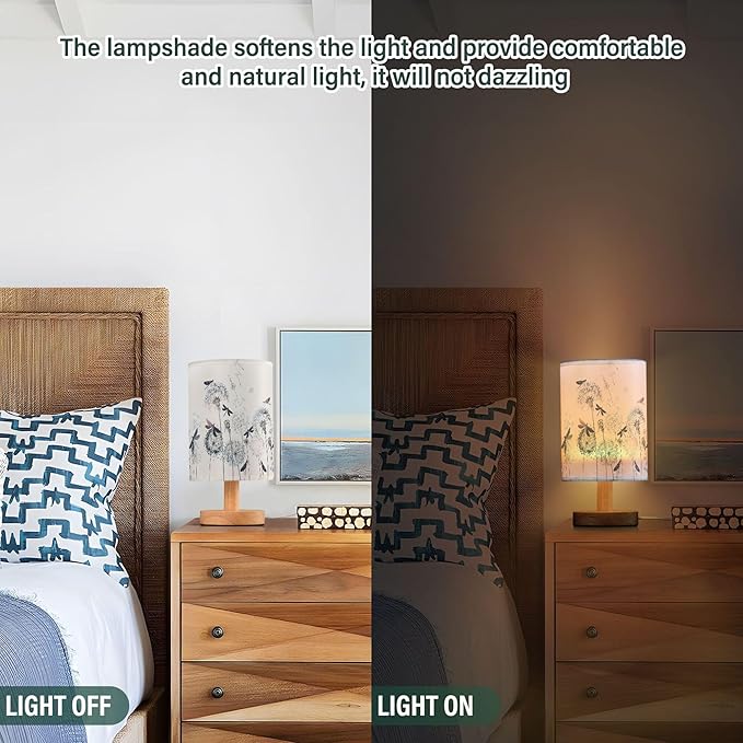Table Lamp Elegant Dandelion Dragonfly Nightstand Lamp with Wood Base Fabric Lamp Shade Bedside Desk Lamp for Living Room Bedroom Kids Room Office