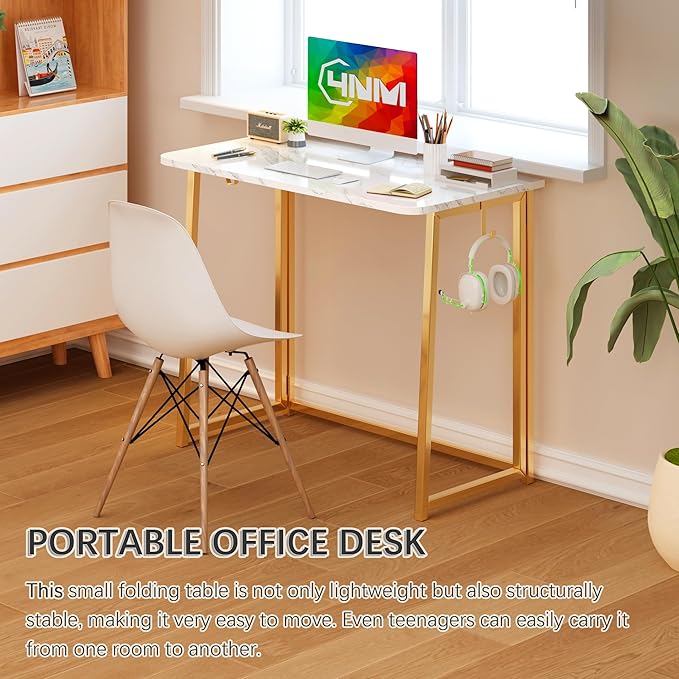 4NM 31.5" Small Folding Desk, Foldable Computer Home Office Desk, Study Writing Table for Small Space Saving Bedroom, Easy Assembly - White and Golden