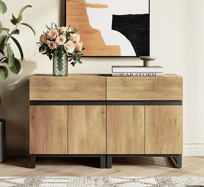 WAMPAT 2 Pack Modern End Table with 1 Drawer & 1 Storage Cabinet, Farmhouse Sofa Table with 2 Open Door, Wood Rustic Side End Table for Living Room, Nighstand for Bedroom, Oak