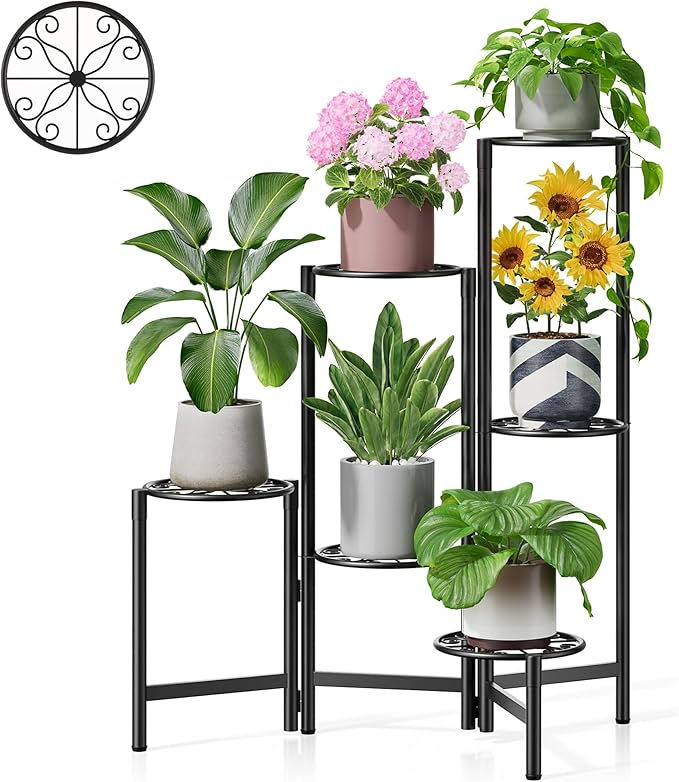 6 Tier Large Plant Stand Indoor with 7.9-Inch Wide Drainage Tray, Tiered Corner Metal Outdoor Flower Display Holder Shelf, Folding Tall Rack for House Patio Porch Balcony Graden - BlackS