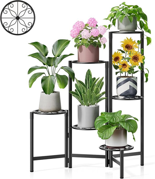 6 Tier Large Plant Stand Indoor with 7.9-Inch Wide Drainage Tray, Tiered Corner Metal Outdoor Flower Display Holder Shelf, Folding Tall Rack for House Patio Porch Balcony Graden - BlackS