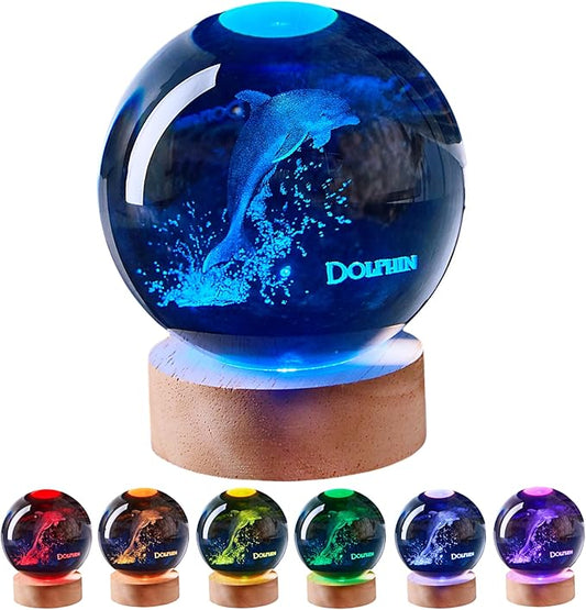 Dolphin Crystal Ball Lamp with LED Wooden Base, 16 Colors Change & Remote Control Sea World Crystal Ball Night Light, Upgraded 3.15 Inch Glass Light, Gift for Kids Wife Girlfriend (Dolphin)