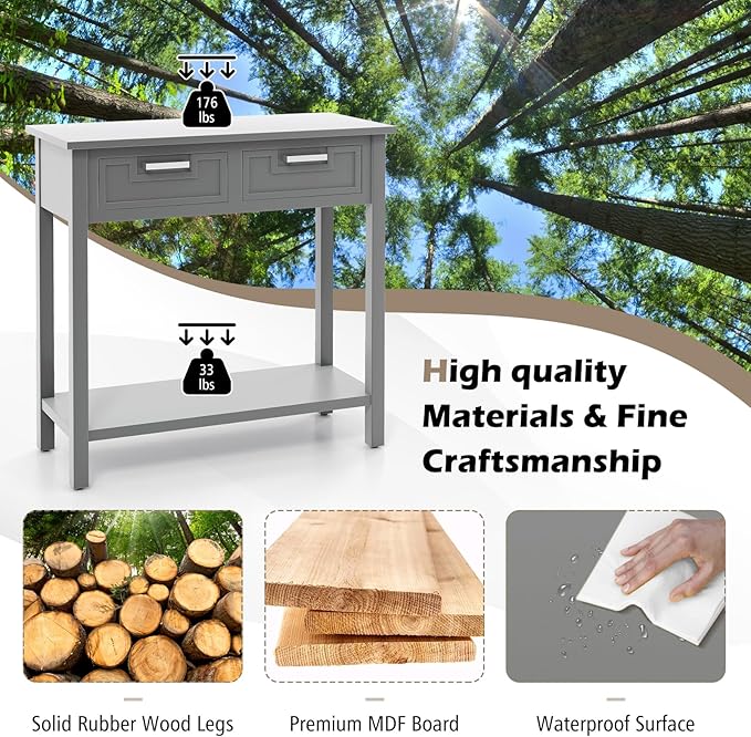 KOTEK Console Table with 2 Drawers & Shelf, Narrow Sofa Table with Rubber Wood Legs, Small Entryway Table for Living Room, Hallway, Office (Grey)