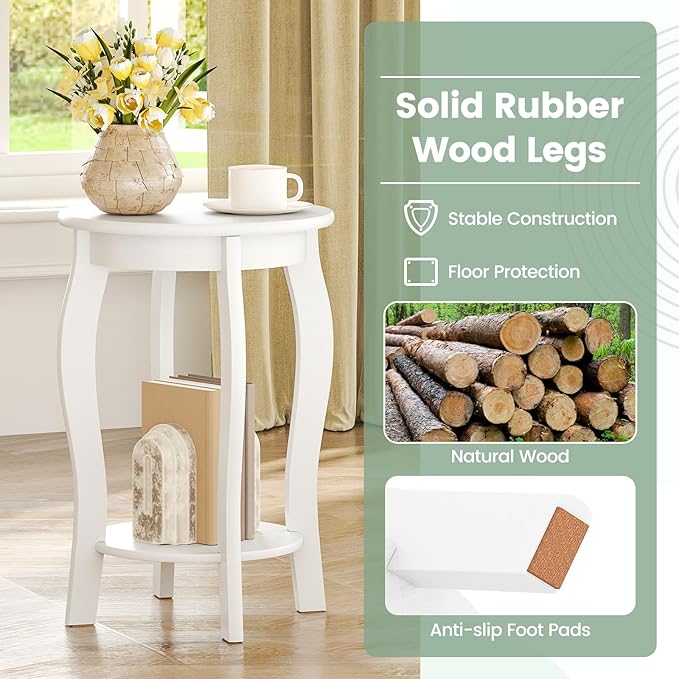 Giantex Round End Table Set of 2, Wooden Side Table with Storage Shelf, Small Nightstand with Solid Wood Legs, 2-Tier Accent Table for Living Room Bedroom