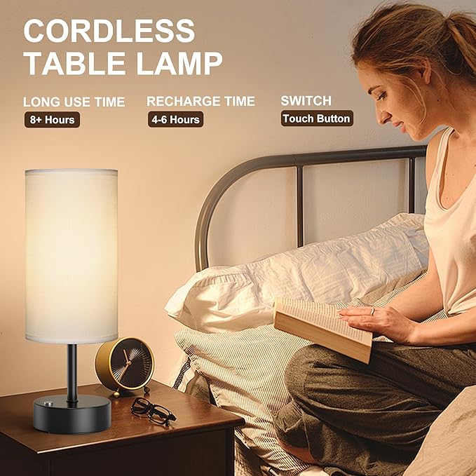 ROTTOGOON Cordless Table Lamp Touch Control Dimmable Small Bedside Table Lamps with Beige Fabric Shade 5000mAh Rechargeable Battery Powered Desk Lamp for Bedroom,Home,Office,Dorm-Black