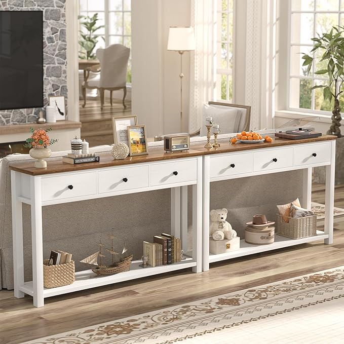 Homieasy Farmhouse Console Table with 3 Drawers, 47 Inch Wood Sofa Table with Storage Shelf for Living Room, Behind Couch, Entryway Table for Hallway, Living Room, or Foyer, Rustic Brown and White