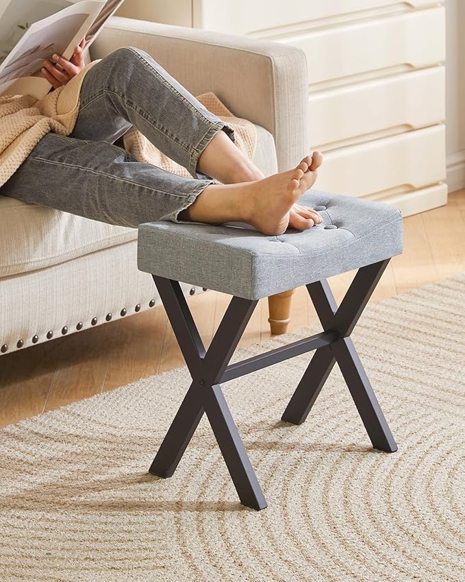 IBUYKE U-Shaped Linen Vanity Stool, Square Makeup Chair with X-Leg, Ottoman Seat Footrest Stool, Multi-Use as Small Side Table, for Bedroom, Living Room, Blue Gray WBD018L