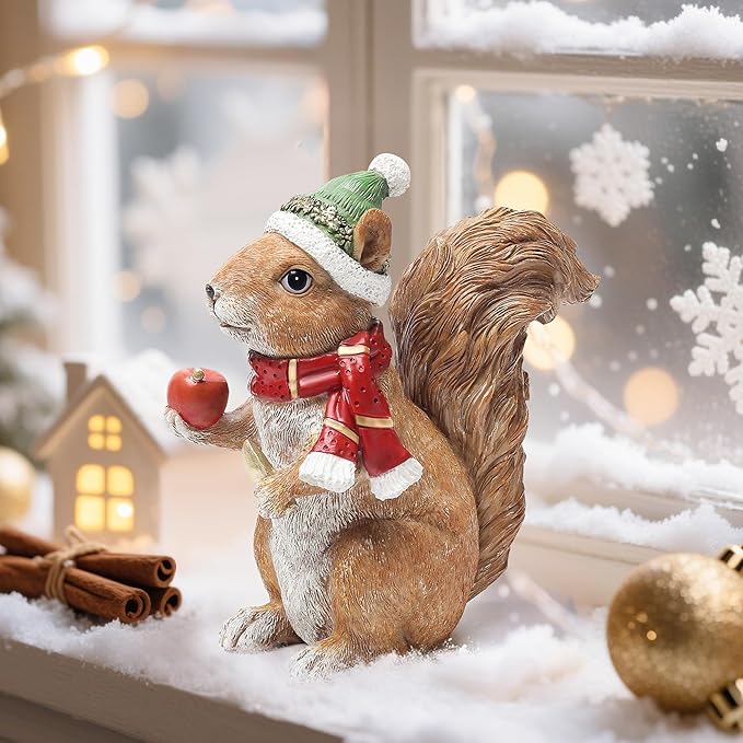 Christmas Squirrel Statue for Home Decor, Ideal for Holiday Cheer, Christmas Figurine Indoor for Shelf Mantel Winter Table Centerpiece, Birthday Gift for Women