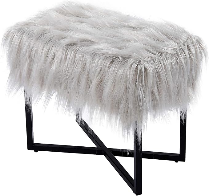 BIRDROCK HOME Rectangular Faux Fur Vanity Stool Ottoman w/Black Metal Legs - Small Fluffy Makeup Seat - Cute Foot Rest for Bedroom, Desk, or Dressing Table - Compact Chair for Girls Dorm Room - Grey