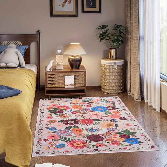 Area Rug 4x6 Rug Washable Boho Rugs Non Slip Low Pile Floral Small Carpet for Bedroom, Bedside, Kids Room, Office, Dining Room(Beige/Pink Garden, 4 x 6)