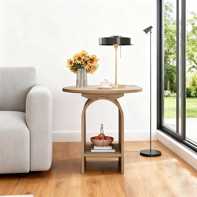 Modern Round Wooden Side Table Set of 2, Small Decorative Coffee Table Vintage Nightstand with Lower Open Shelf for Living Room, Bedroom Or Small Space, Natural X2
