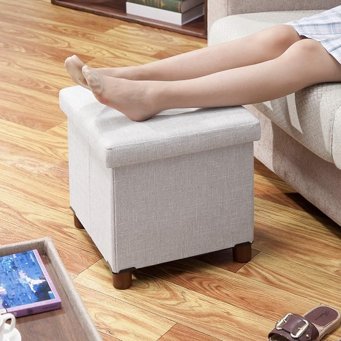 15 Inch Storage Ottoman with Wooden Legs - Cube Foot Rest Stool, Square Footstool, Comfortable Seat with Lid, Foldable Fabric Ottoman, Space-Saving White