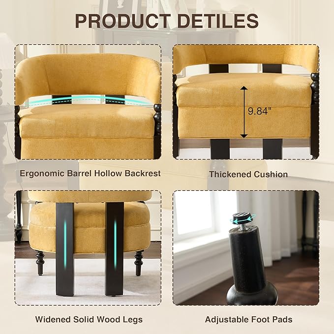 LOULENS Barrel Accent Chairs Set of 2, Vintage Chenille Upholstered Lounge Chair with Solid Wood Legs, Comfy Leisure Side Armchair for Living Room, Bedroom, Reading Nook, Corner, Yellow