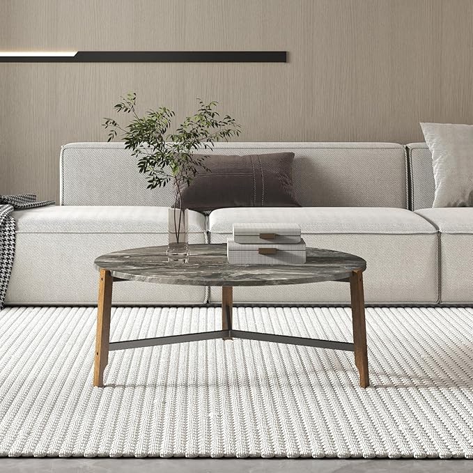 Modern Round Coffee Table, 36’’ Wide Wooden Side Table Mid-Century End Table with Wood Legs Metal Support for Living Room Bedroom, Black