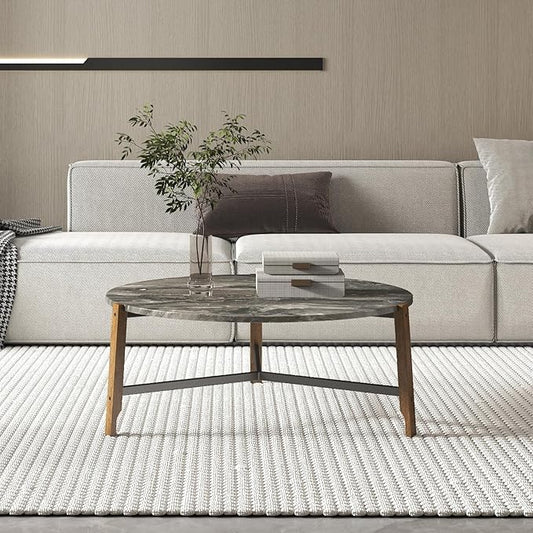 Modern Round Coffee Table, 36’’ Wide Wooden Side Table Mid-Century End Table with Wood Legs Metal Support for Living Room Bedroom, Black