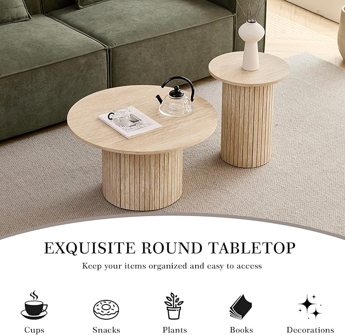 Small Round Coffee Table Set of 2, Wood Finish Nesting Coffee Tables, Boho Circle Side Table for Living Room (φ27.6 Large Short + φ15.8 Small Tall)