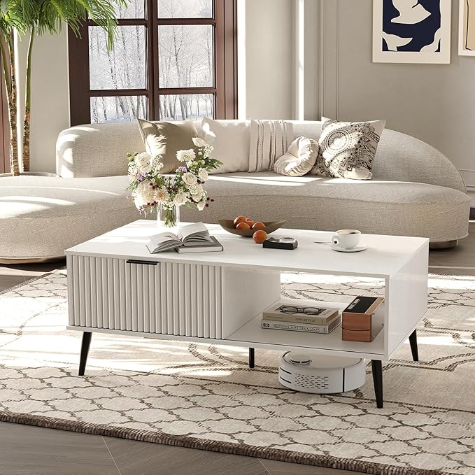 41.34''D Coffee Table, 2-Tiers Farmhouse Coffee Tables With Storage and Sliding Wave Pattern Door, Modren Tea Table, Wooden Dining Center Tables for Living Room, Office, Bedroom, Outdoors, White