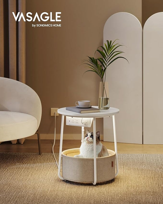 VASAGLE LILEA Collection - Side Table with Charging Station, Round End Table with Fabric Basket, LED Nightstand with USB Ports, Modern, for Living Room, Matte White and Camel Brown ULET227W01