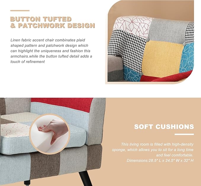 Modern Colorful Accent Chair,Boho Side Chair with Wood Leg,Comfy Upholstered Patchwork Chairs Cozy Comfy Armchair s for Living Room,Bedroom