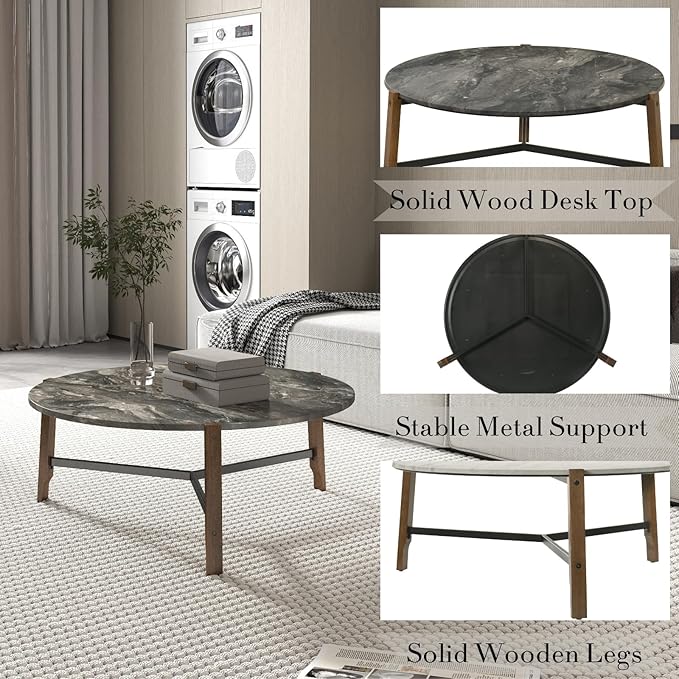 Modern Round Coffee Table, 36’’ Wide Wooden Side Table Mid-Century End Table with Wood Legs Metal Support for Living Room Bedroom, Black