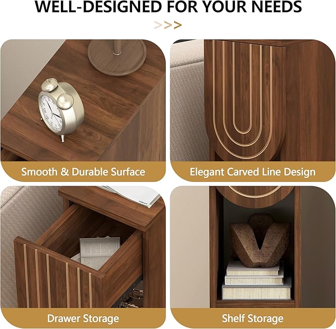 Narrow Nightstand, Mid-Century Modern Bedside Table with Carved Drawer and Storage Shelf, Slim Side End Table for Bedroom Small Space, Wooden Farmhouse Night Stand (1, Walnut)