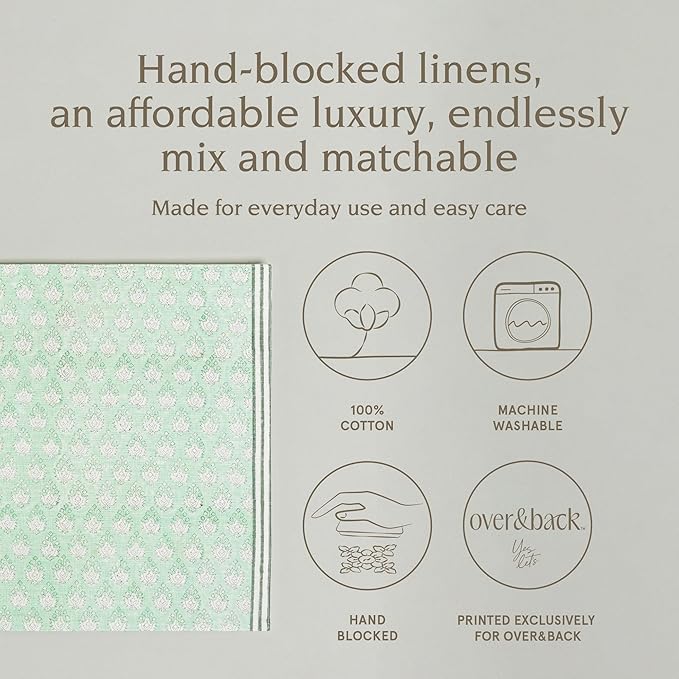 Over&Back Set of 4 Hand-Blocked Placemats - Colorful Dining Table Mat - Each Placemat is Unique - 100% Cotton - Machine Washable - Kitchen and Home Decor - Green Leaf