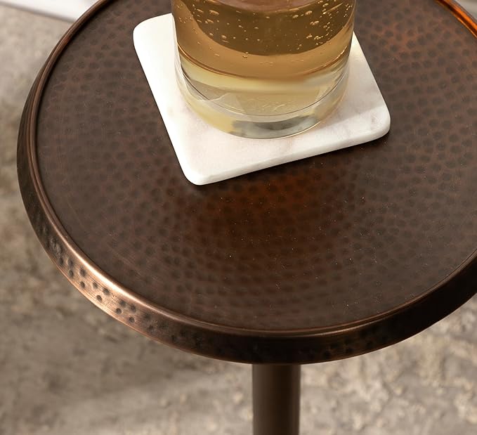 Kate and Laurel Sanzo Modern Pedestal Drink Table, 9 x 9 x 23, Bronze, Decorative End Table with Hammered Tabletop