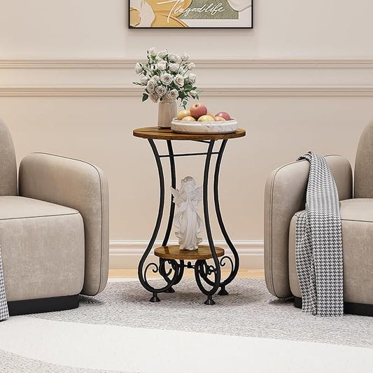 X-cosrack End Table, Round Side Table for Small Spaces, Coffee Tea Table Nightstand Home Decor for Living Room Balcony Bedroom Office,Rustic Brown & Black,15.75" L x 15.75" W x 24.0" H