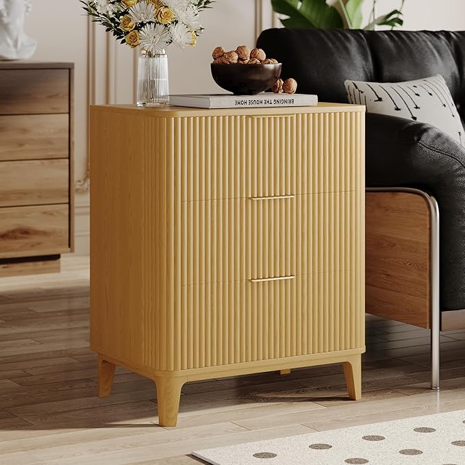 3 Drawer Fluted Dresser for Bedroom Set of 2, Modern Curved Closet Dressers Chest of Drawers, 23.6" Rustic Wood Nightstand 3-Drawer Dresser Bedside Table, End Table with 3 Large Drawers Natural