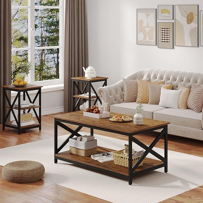 Bigbiglife Living Room Coffee Table Set of 3, Industrial X-Design Coffee Table and 2 End Side Tables, 3 Piece Living Room Table Set with Large Storage for Apartment Home (Dark Rustic Brown)