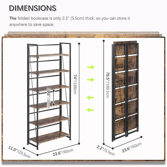 4NM No Assembly Folding Bookshelf, 6-Shelf 74" H Collapsible Foldable Bookcase Storage for Small Spaces, Rustic Brown and Black