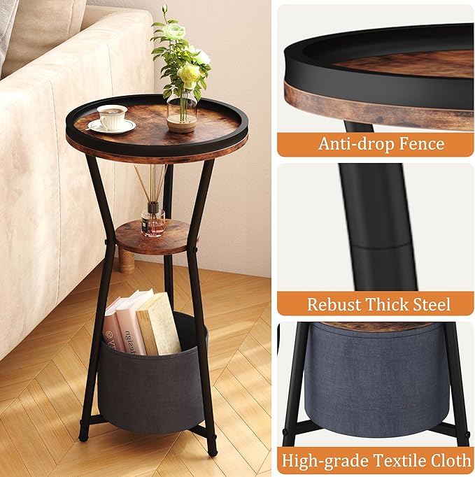 Yusong Round Side Table, Small Drink Table for Small Spaces, 3-Tier Industrial End Table, Accent Nightstand Bedside Table for Living Room, Bedroom, Sofa Couch, Rustic Brown