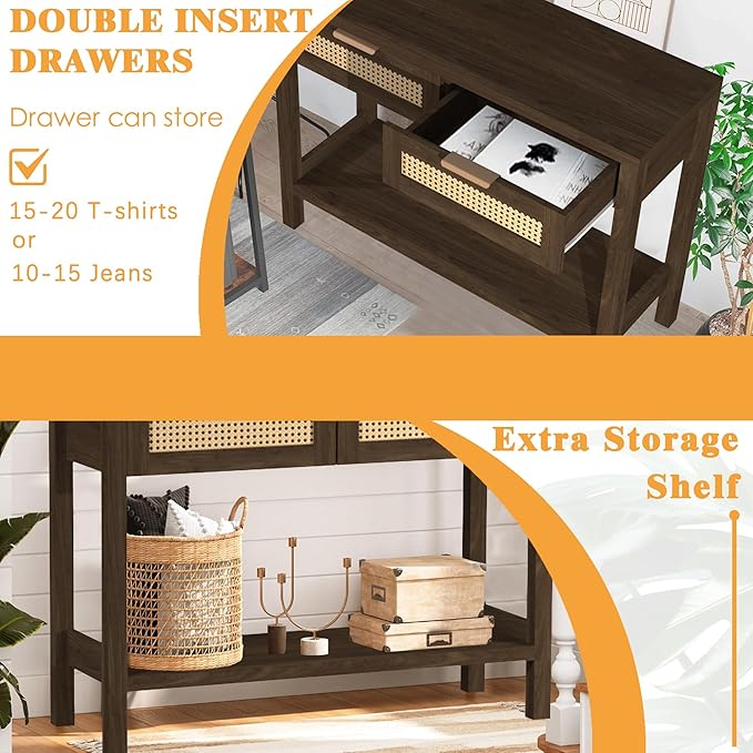 Rattan Console Table for Entryway, Boho Narrow Sofa Tables with Storage Shelf and 2 Drawers for Behind Couch Living Room, Hallway, Entrance, Brown Wood