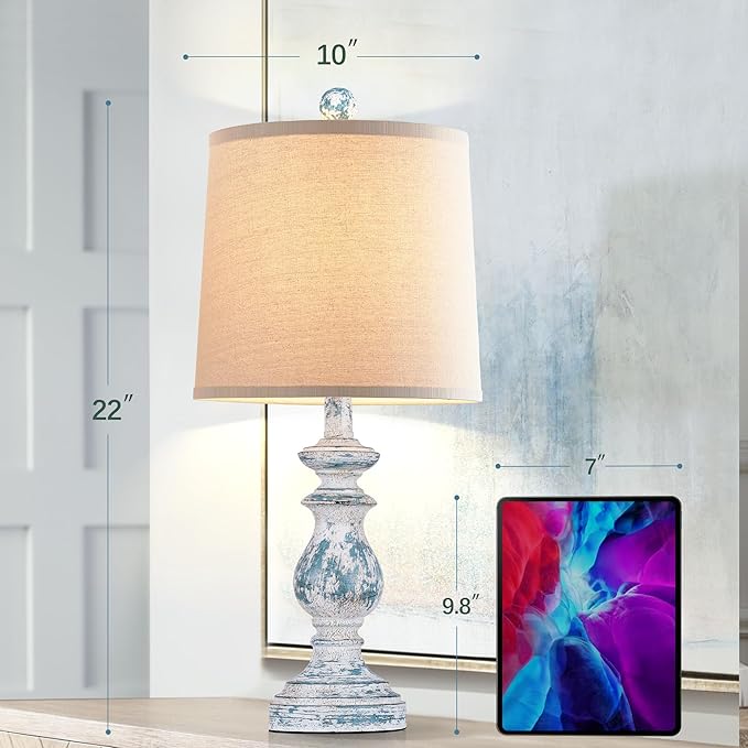 PARTPHONER Traditional Table Lamp Set of 2, Rustic Farmhouse Table Lamps for Living Room Bedroom, 22" Bedside Desk Lamps Vintage Nightstand Lamps with Linen Shades, Washed Blue