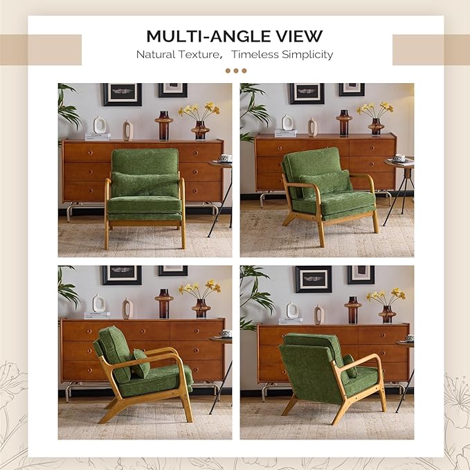 VINGLI Chenille Mid-Century Modern Accent Chair, Cute Reading Arm Chair with Cushion & Lumbar Pillow & Solid Wood Frame for Lounge, Living Room, Reading Room, Bedroom, Olive-Green