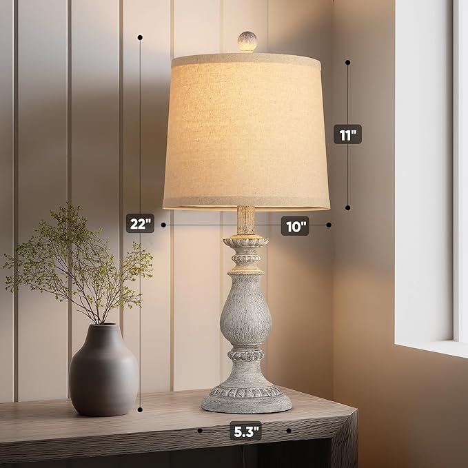 QiMH Farmhouse Table Lamp Set of 2, Rustic Table Lamps for Living Room, Vintage Nightstand Lamp with Rotary Switch, Beside Lamps for Bedroom, Traditional Table Lamps with Linen Shade, Antique Grey