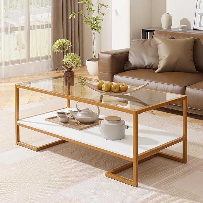 Coffee Table, 2 Tier Tempered Glass Coffee Table, Rectangle Modern Center Table with Metal Frame, Glass Accent Table Open Storage Shelf for Living Room, Office, White