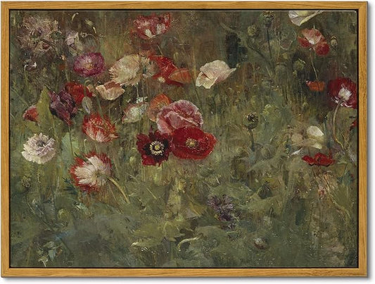 InSimSea Framed Canvas Wall Art Vintage Decor, FLoral Wall Art Decorations Classical Oil Painting Canvas Prints A Bed of Poppies Retro Home Decor Gifts, 12"x16"