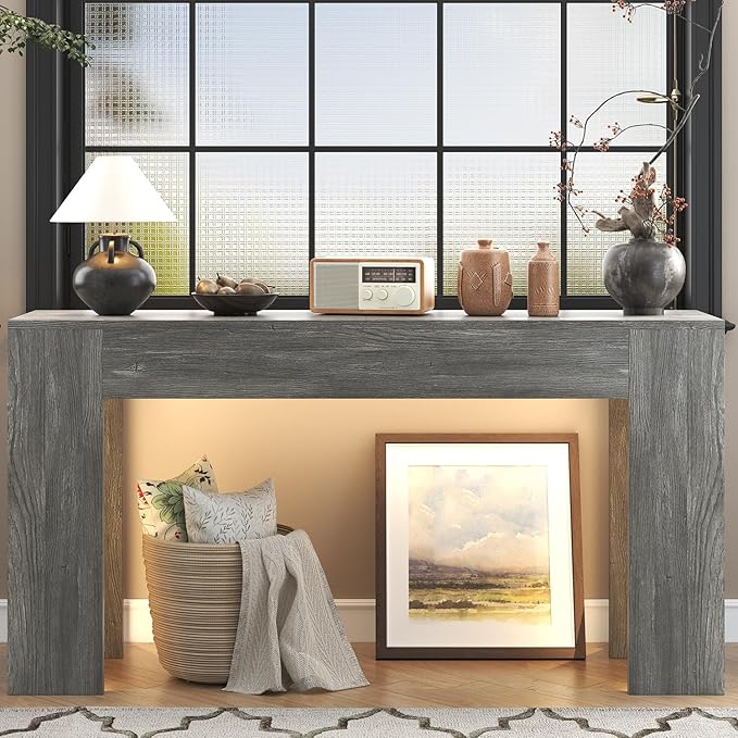 63-Inch Long Console Table with LED Light, Farmhouse Sofa Table Behind Couch, Wooden Console Table for Entryway Hallway Entrance Living Room, Gray