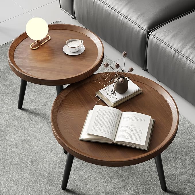 2 PCS Small Round Coffee Table Set, Mid Century Modern Coffee Tables for Living Room, Walnut Nesting Tables for Small Spaces, Easy Assembly Circle Wood Center Table,Black Nesting Coffee Table Set of 2